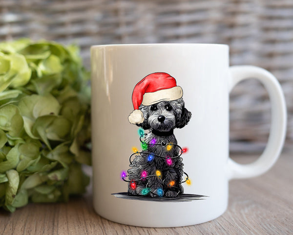 Poodle With Xmas Light Mug, Personalized Pet Mug With Name, Custom Dog Christmas Gift Mug, Dog with Santa Hat, Poodle Gift