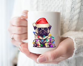 Pug With Xmas Light Mug, Personalized Pet Mug With Name, Custom Dog Christmas Gift Mug, Dog with Santa Hat, Pug Gift