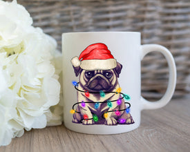 Pug With Xmas Light Mug, Personalized Pet Mug With Name, Custom Dog Christmas Gift Mug, Dog with Santa Hat, Pug Gift