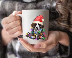 Shepherd With Xmas Light Mug, Personalized Pet Mug With Name, Custom Dog Christmas Gift Mug, Dog with Santa Hat, Shepherd Coffee Mug Gift