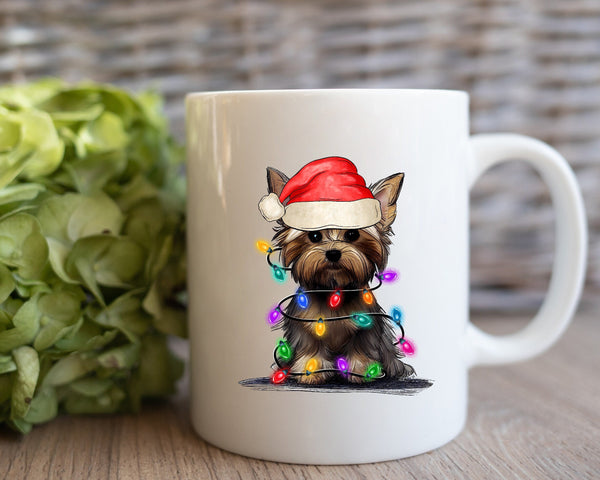 Yorkshire With Xmas Light Mug, Personalized Pet Mug With Name, Custom Dog Christmas Gift Mug, Dog with Santa Hat, Yorkshire  Gift Mug