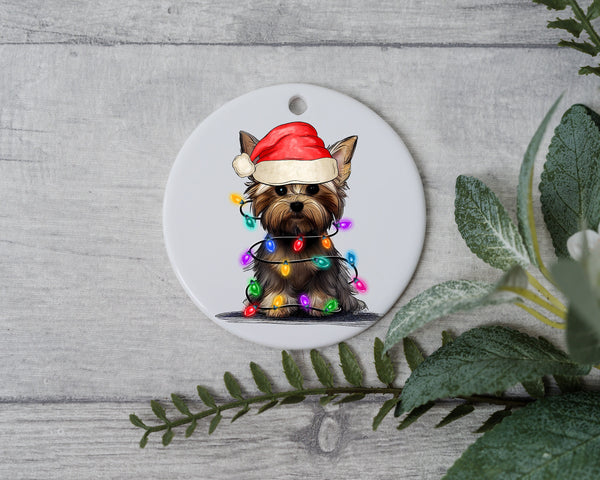 Yorkshire Christmas Light, Personalized Pet Ornament With Name, Custom Dog Christmas Ornament, Personalization Ornament, Dog with Santa Hat