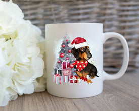 Dachshund Christmas Tree Mug, Personalized Pet Mug With Name, Custom Dog Christmas Gift Mug, Dog with Santa Hat, Dachshund Owner Gift Mug