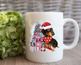 Dachshund Christmas Tree Mug, Personalized Pet Mug With Name, Custom Dog Christmas Gift Mug, Dog with Santa Hat, Dachshund Owner Gift Mug