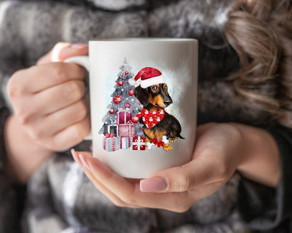 Dachshund Christmas Tree Mug, Personalized Pet Mug With Name, Custom Dog Christmas Gift Mug, Dog with Santa Hat, Dachshund Owner Gift Mug