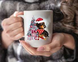 Dachshund Christmas Tree Mug, Personalized Pet Mug With Name, Custom Dog Christmas Gift Mug, Dog with Santa Hat, Dachshund Owner Gift Mug