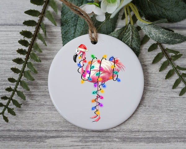 Flamingo with Santa Hat and Light, Flamingo Christmas Ornament, Christmas Gift Ornament, Santa Helper with Santa Hat, Christmas Light