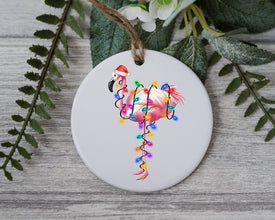 Flamingo with Santa Hat and Light, Flamingo Christmas Ornament, Christmas Gift Ornament, Santa Helper with Santa Hat, Christmas Light