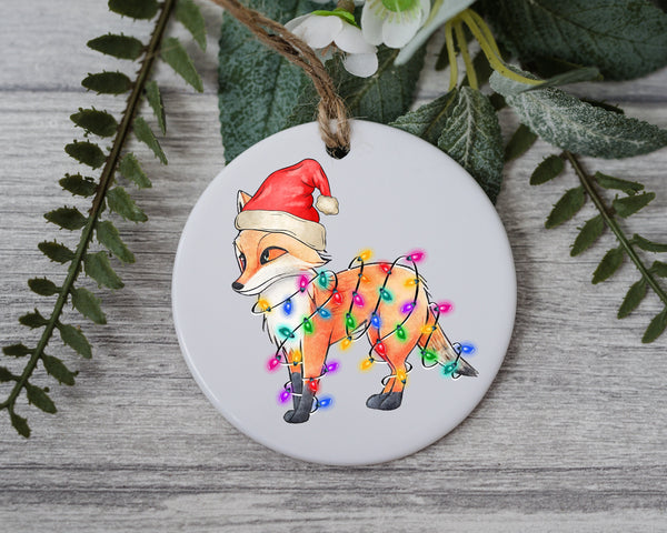 Little Fox with Santa Hat and Light, Little Fox Christmas Ornament, Christmas Gift Ornament, Santa Helper with Santa Hat, Christmas Light