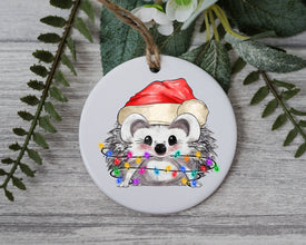 Little Hedgehog with Santa Hat and Light, Hedgehog Christmas Ornament, Christmas Gift Ornament, Santa Helper with Santa Hat, Christmas Light