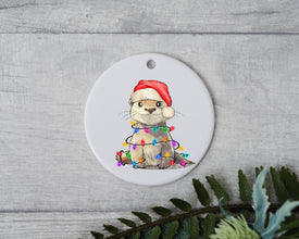 Baby Otter with Santa Hat and Light, Baby Otter Christmas Ornament, Christmas Gift Ornament, Santa Helper with Santa Hat, Christmas Light