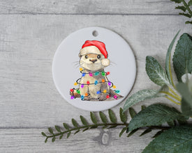 Baby Otter with Santa Hat and Light, Baby Otter Christmas Ornament, Christmas Gift Ornament, Santa Helper with Santa Hat, Christmas Light