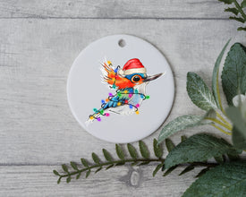 Baby Hummingbird with Santa Hat & Xmas Lights, Baby Hummingbird Christmas Ornament, Christmas Gift Ornament, Santa Helper with Santa Hat