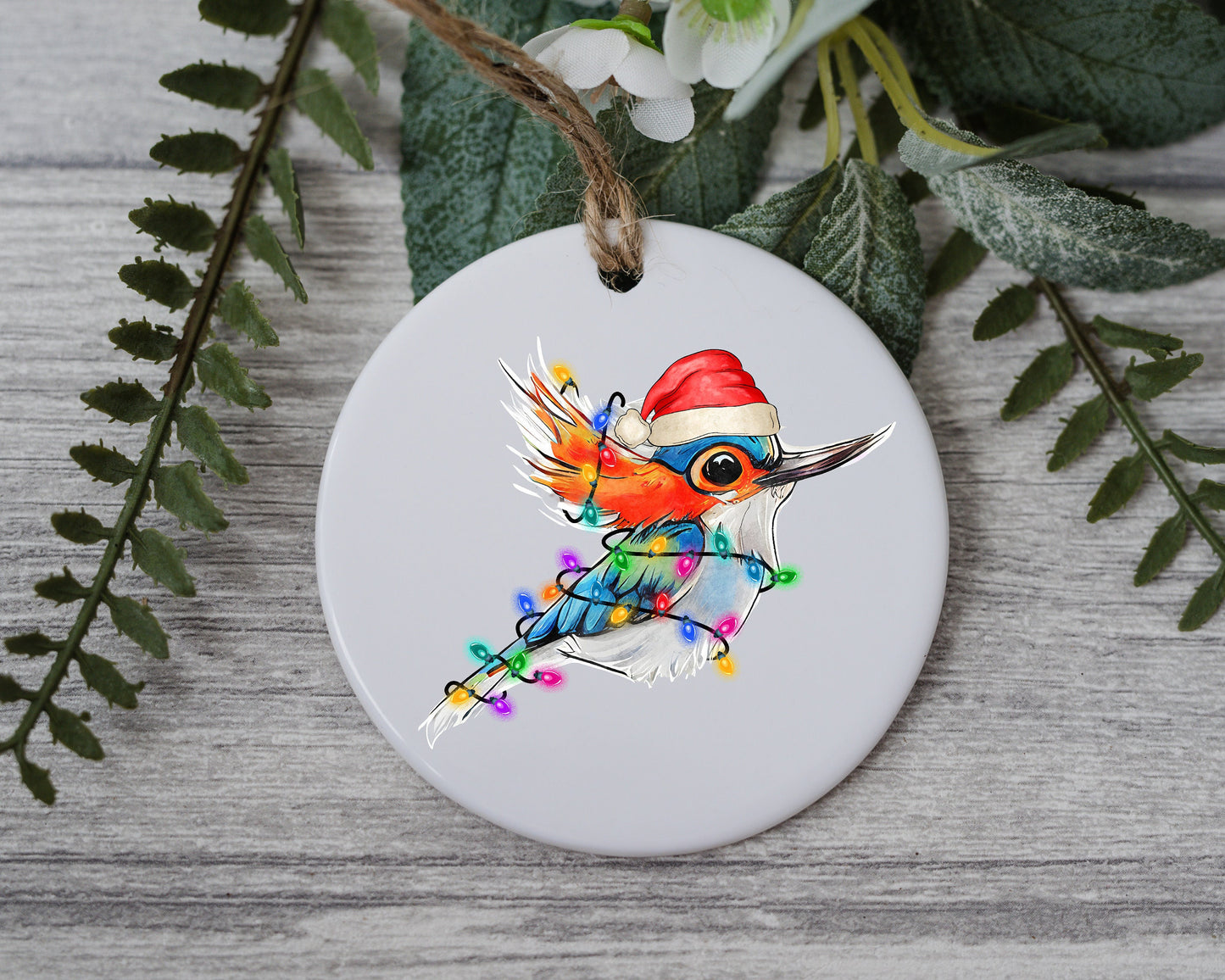 Baby Hummingbird with Santa Hat & Xmas Lights, Baby Hummingbird Christmas Ornament, Christmas Gift Ornament, Santa Helper with Santa Hat