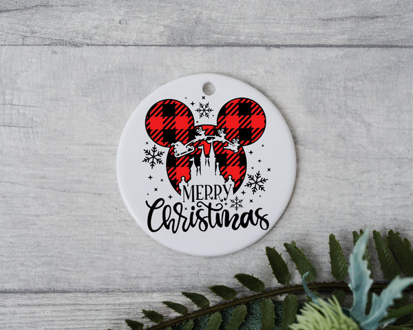 Plaid Mouse Christmas Ornament - Magic Castle and Santa's Sleigh Christmas Ornament - Nostalgic Merry Christmas Ornament In a Ice Wonderland