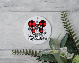 Plaid Mouse Christmas Ornament - Magic Castle and Santa's Sleigh Christmas Ornament - Nostalgic Merry Christmas Ornament In a Ice Wonderland