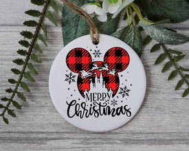 Plaid Mouse Christmas Ornament - Magic Castle and Santa's Sleigh Christmas Ornament - Nostalgic Merry Christmas Ornament In a Ice Wonderland