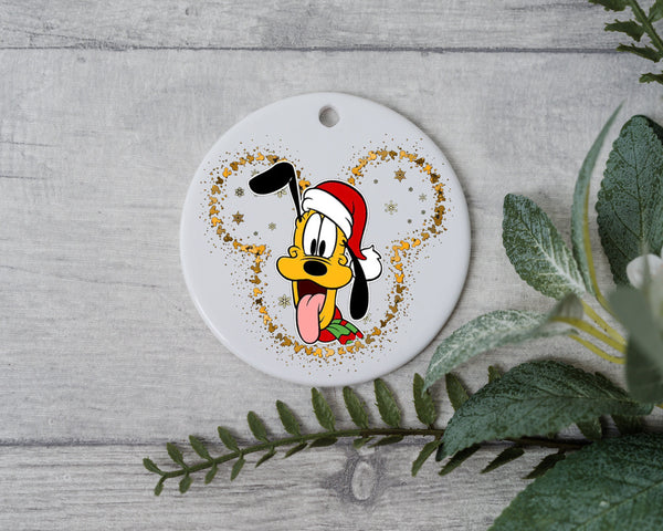 Cartoon Pluto In Santa Hat Christmas Ornament - Gold Mouse Trim Christmas Ornament - Pluto's Winter Wonderland Whimsical Christmas Gift!