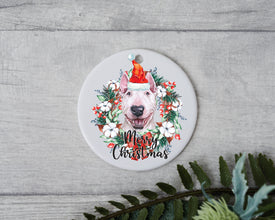 Bull Terrier Christmas Tree Lights, Personalized Pet Ornament With Name, Custom Dog Christmas Ornament, Xmas Pet Gift, Dog with Santa Hat