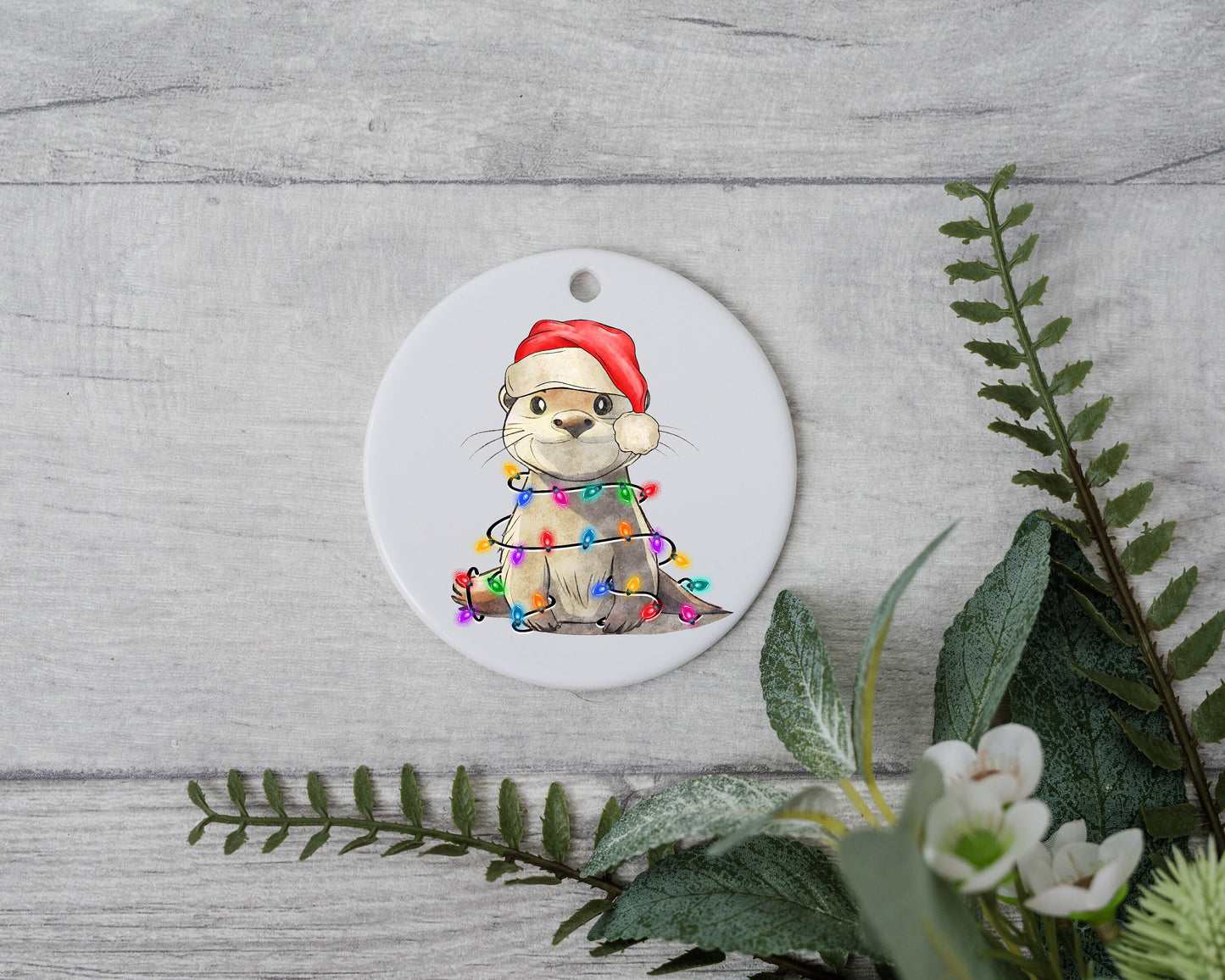 Baby Otter with Santa Hat and Light, Baby Otter Christmas Ornament, Christmas Gift Ornament, Santa Helper with Santa Hat, Christmas Light