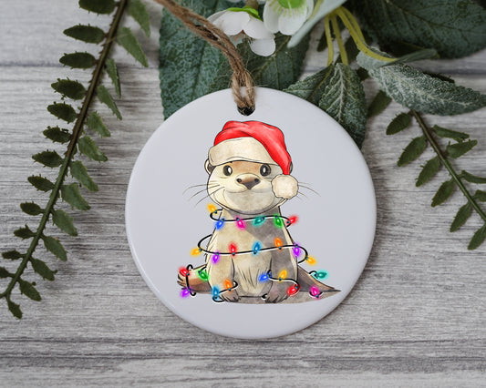 Baby Otter with Santa Hat and Light, Baby Otter Christmas Ornament, Christmas Gift Ornament, Santa Helper with Santa Hat, Christmas Light