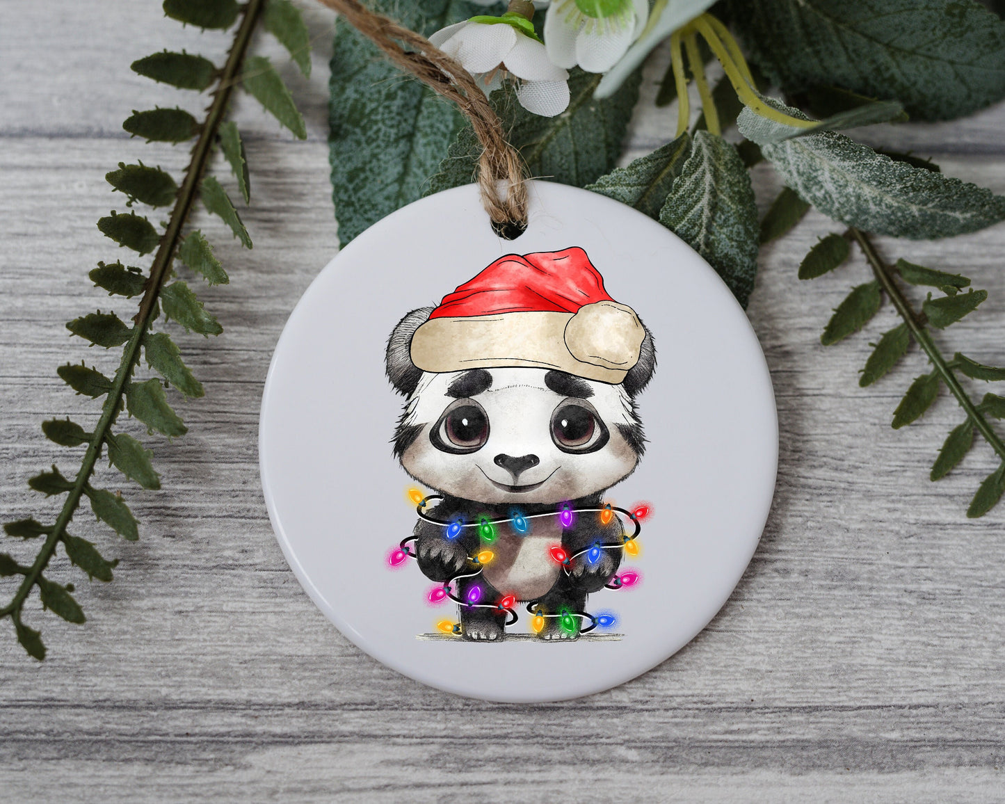 Baby Panda with Santa Hat and Light, Baby Panda Christmas Ornament, Christmas Gift Ornament, Santa Helper with Santa Hat, Christmas Light