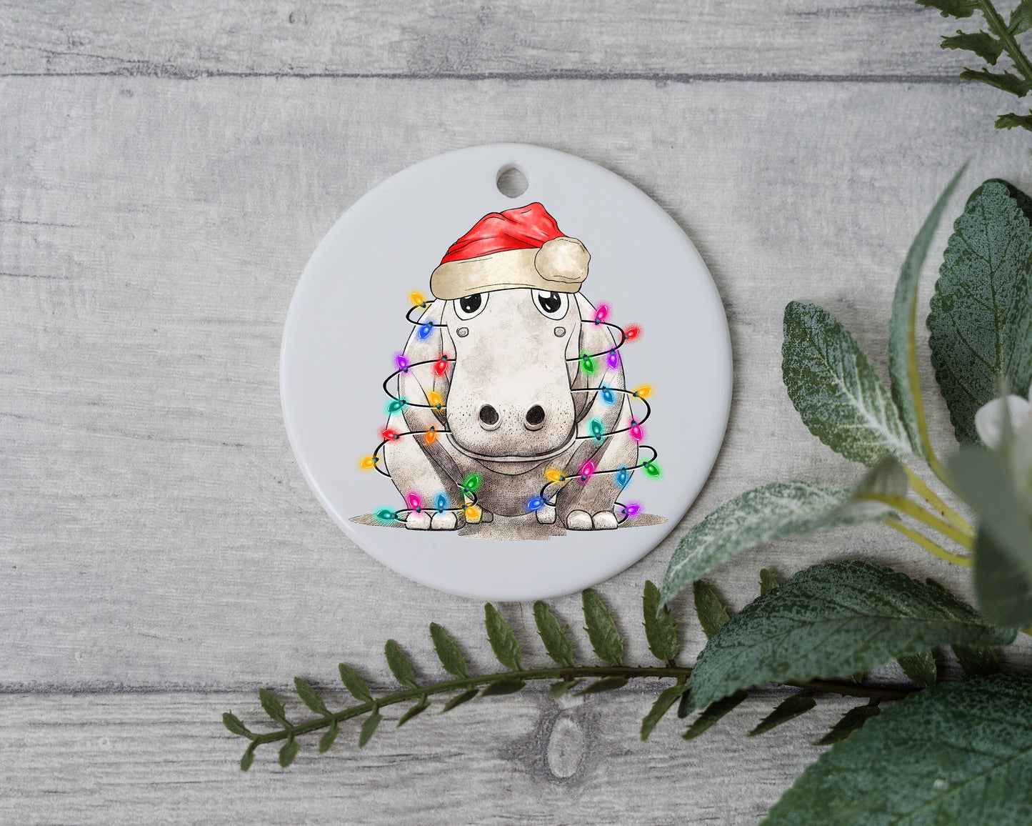 Baby Hippo with Santa Hat and Light, Baby Hippo Christmas Ornament, Christmas Gift Ornament, Santa Helper with Santa Hat, Christmas Light