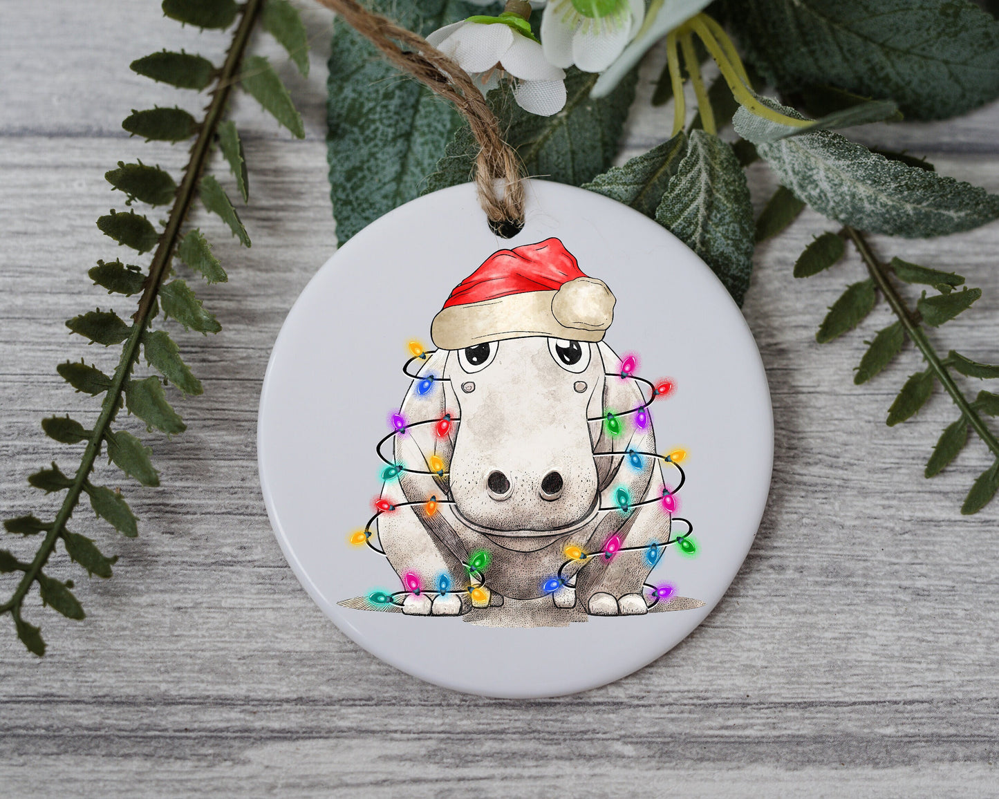 Baby Hippo with Santa Hat and Light, Baby Hippo Christmas Ornament, Christmas Gift Ornament, Santa Helper with Santa Hat, Christmas Light