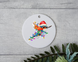 Baby Hummingbird with Santa Hat & Xmas Lights, Baby Hummingbird Christmas Ornament, Christmas Gift Ornament, Santa Helper with Santa Hat