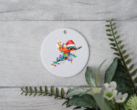 Baby Hummingbird with Santa Hat & Xmas Lights, Baby Hummingbird Christmas Ornament, Christmas Gift Ornament, Santa Helper with Santa Hat