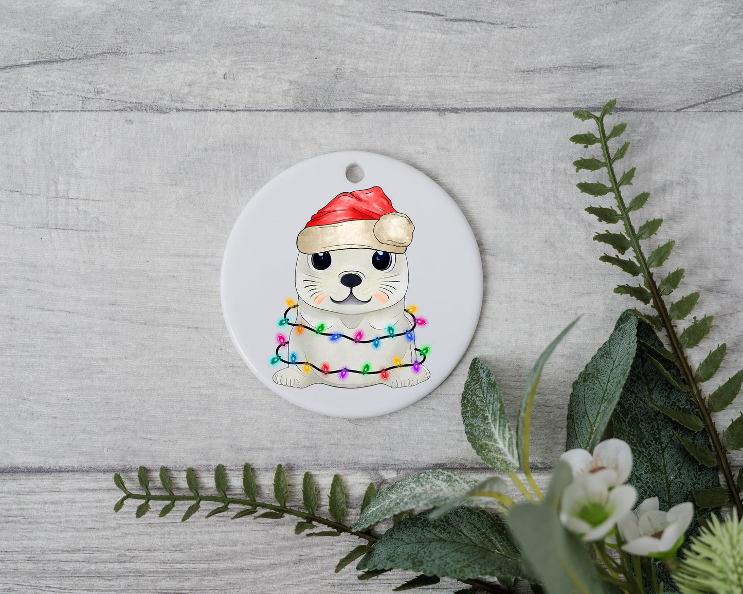 Baby Seal with Santa Hat/Light, Baby Seal Christmas Ornament, Christmas Gift Ornament, Santa Helper with Santa Hat, Christmas Light