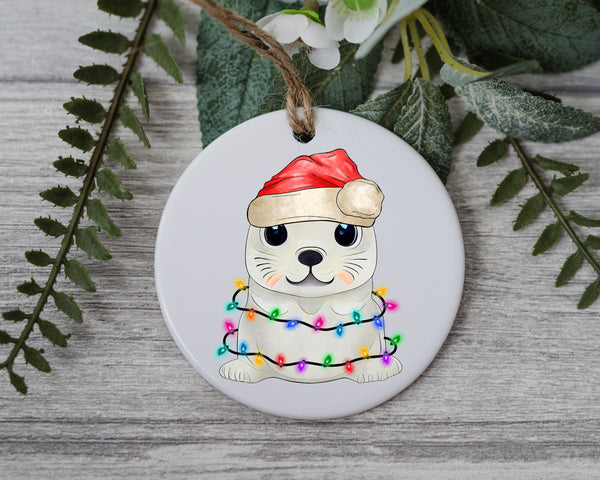 Baby Seal with Santa Hat/Light, Baby Seal Christmas Ornament, Christmas Gift Ornament, Santa Helper with Santa Hat, Christmas Light