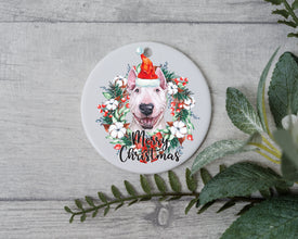 Bull Terrier Christmas Tree Lights, Personalized Pet Ornament With Name, Custom Dog Christmas Ornament, Xmas Pet Gift, Dog with Santa Hat