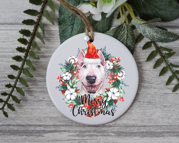 Bull Terrier Christmas Tree Lights, Personalized Pet Ornament With Name, Custom Dog Christmas Ornament, Xmas Pet Gift, Dog with Santa Hat