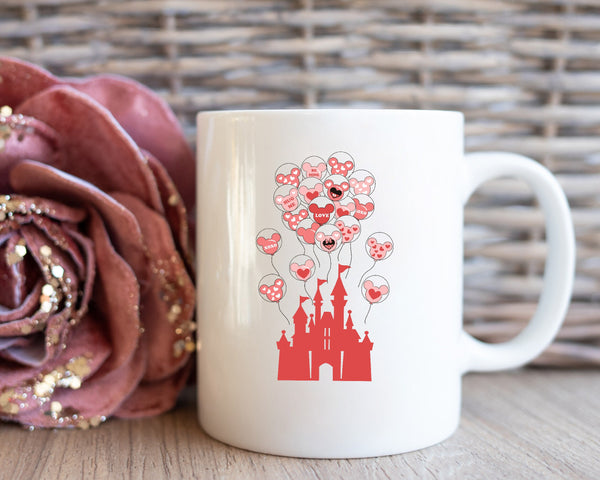 Disney World Valentines Day Mug, Disney Castle Gift Mug, Disney Heart Balloon Mug, Couples Mug, Couples Valentines Gift For Him and Her