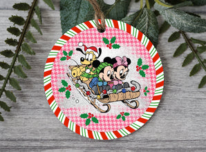 Magical Sleigh Ride With Plaid Backdrop Christmas Ornament - Spice Up Your Christmas Tree With This Iconic Cute Couple and Their Best Pal!