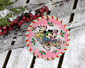 Magical Sleigh Ride With Plaid Backdrop Christmas Ornament - Spice Up Your Christmas Tree With This Iconic Cute Couple and Their Best Pal!