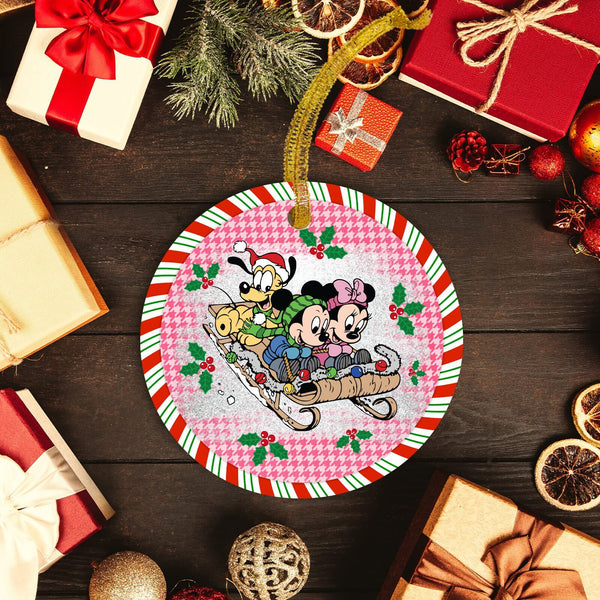 Magical Sleigh Ride With Plaid Backdrop Christmas Ornament - Spice Up Your Christmas Tree With This Iconic Cute Couple and Their Best Pal!