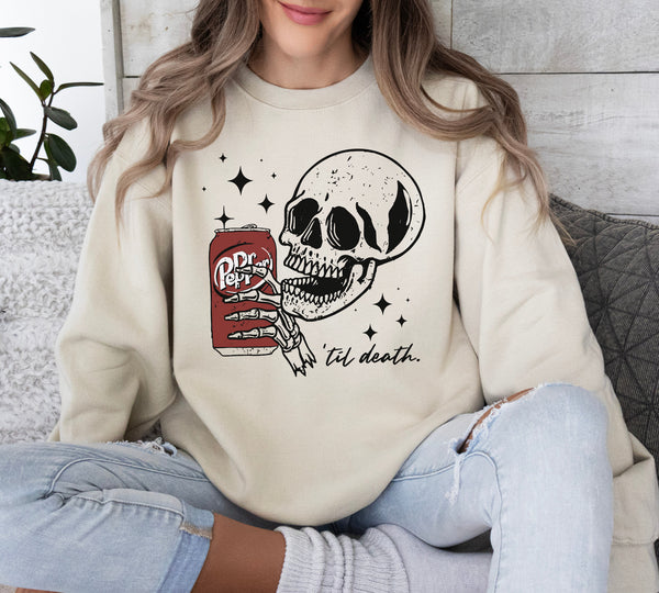 Till Death Dr. Pepper Sweatshirt, Skeleton Sweatshirt, Halloween Sweater, Cute Dr Pepper Shirt, Skeleton drinking Dr. Pepper Sweatshirt