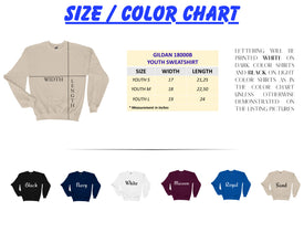 the size and color chart for a sweatshirt