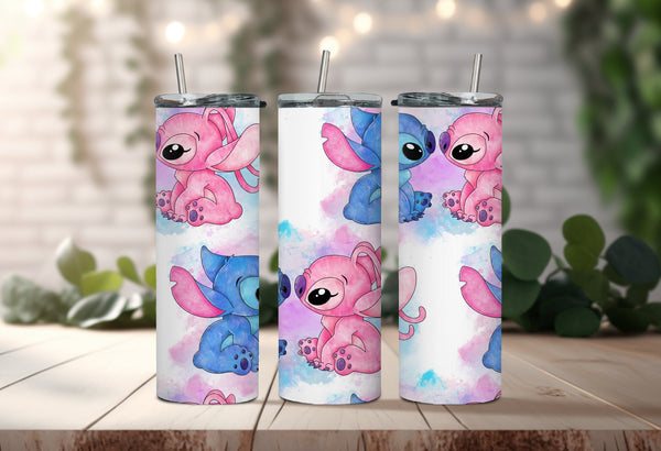 Cute Couple Cartoon Disney Tumbler - Ohana Means Family Tumbler - Couples Retreat Tumbler with Water-Color Couple & Hawaiian Flowers!