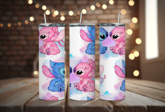 Cute Couple Cartoon Disney Tumbler - Ohana Means Family Tumbler - Couples Retreat Tumbler with Water-Color Couple & Hawaiian Flowers!