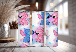 Cute Couple Cartoon Disney Tumbler - Ohana Means Family Tumbler - Couples Retreat Tumbler with Water-Color Couple & Hawaiian Flowers!