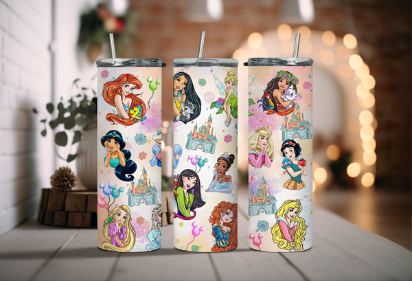 Water-color Disney Princess Tumbler - Colorful Animated Princess Tumbler - Your Fairytale Sip Companion for Enchanting Moments!