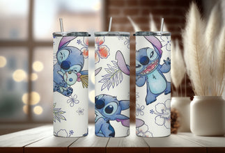 Cartoon Disney Character Tumbler - Ohana Means Family Tumbler - Enjoy an Island Get Away Tumbler with Adorable Cartoon & Hawaiian Flowers!