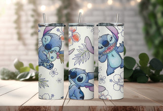 Cartoon Disney Character Tumbler - Ohana Means Family Tumbler - Enjoy an Island Get Away Tumbler with Adorable Cartoon & Hawaiian Flowers!