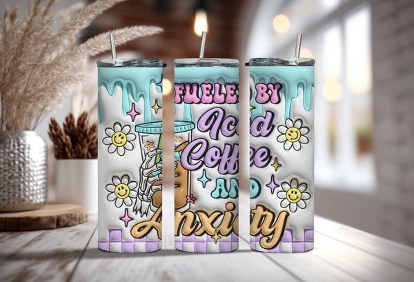 Fueled By Iced Coffee and Anxiety Tumbler - Mental Health Awareness Tumbler - Perfect Gift for Coffee Lover - Gift for Her on Mothers Days!