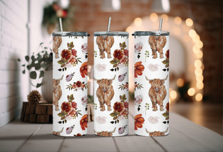 Highland Cattle Cow with Flowers Tumbler - Farmhouse Cow Tumbler - Cow Mama Tumbler - Perfect Gift for Fluffy Cow Lover!