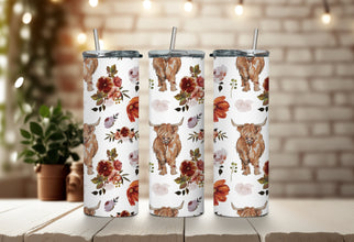 Highland Cattle Cow with Flowers Tumbler - Farmhouse Cow Tumbler - Cow Mama Tumbler - Perfect Gift for Fluffy Cow Lover!