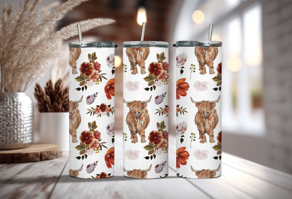 Highland Cattle Cow with Flowers Tumbler - Farmhouse Cow Tumbler - Cow Mama Tumbler - Perfect Gift for Fluffy Cow Lover!